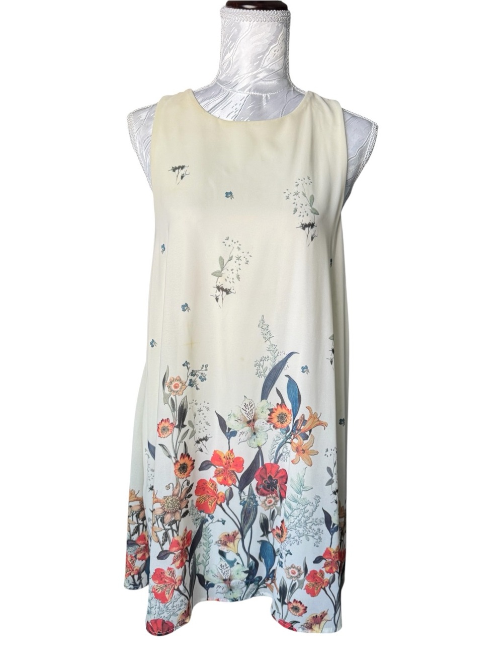 Jella C. Cream Floral Mini Dress with Multicolor Border Print
